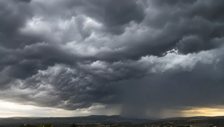 Nuvole temporalesche scure sopra il paesaggio siciliano con precipitazioni in lontananza