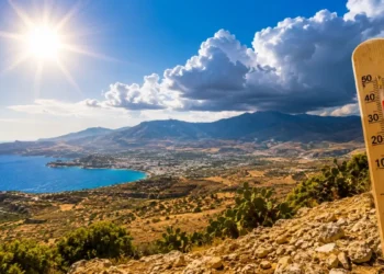 Panorama della Sicilia sotto un sole intenso con cielo in prevalenza sereno, nubi temporalesche in formazione sui rilievi interni e un grande termometro che indica temperature vicine ai 38°C, simbolo dell'ondata di caldo estivo