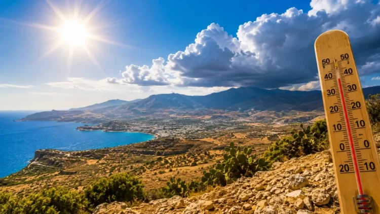 Panorama della Sicilia sotto un sole intenso con cielo in prevalenza sereno, nubi temporalesche in formazione sui rilievi interni e un grande termometro che indica temperature vicine ai 38°C, simbolo dell'ondata di caldo estivo