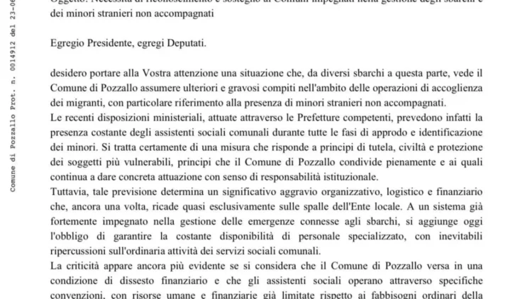 Lettera del Comune di Pozzallo sulle nuove procedure per la gestione degli sbarchi e dei minori non accompagnati