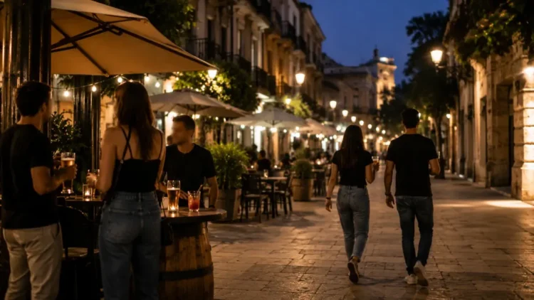 Vista di una zona urbana con locali e persone durante una serata estiva, a rappresentare la regolamentazione della movida.