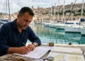 Persona che compila documenti per la patente nautica con strumenti di navigazione e barche sullo sfondo