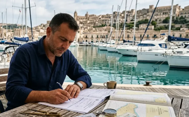 Persona che compila documenti per la patente nautica con strumenti di navigazione e barche sullo sfondo