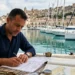 Persona che compila documenti per la patente nautica con strumenti di navigazione e barche sullo sfondo