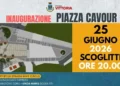 Locandina dell’inaugurazione di Piazza Cavour a Scoglitti prevista il 25 giugno 2026 con rendering della piazza riqualificata