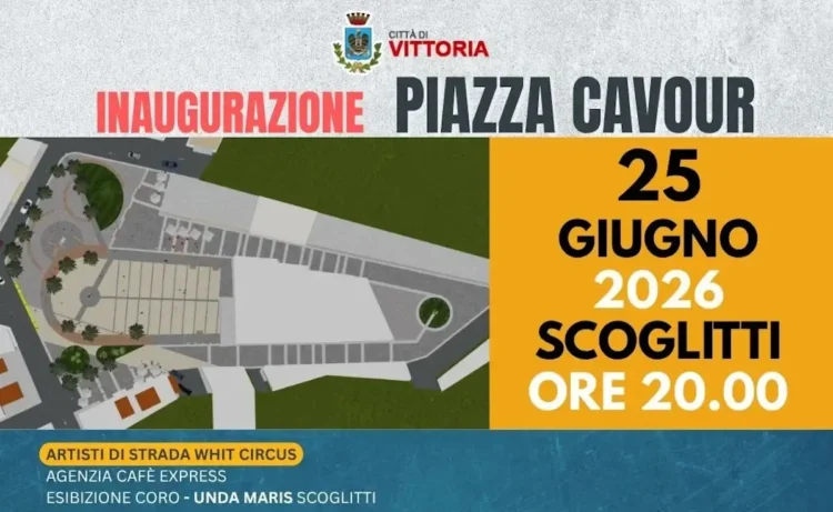 Locandina dell’inaugurazione di Piazza Cavour a Scoglitti prevista il 25 giugno 2026 con rendering della piazza riqualificata