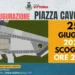 Locandina dell’inaugurazione di Piazza Cavour a Scoglitti prevista il 25 giugno 2026 con rendering della piazza riqualificata
