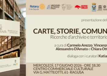 Copertina del volume Carte, Storie, Comunità con la locandina della presentazione in programma a Ragusa.