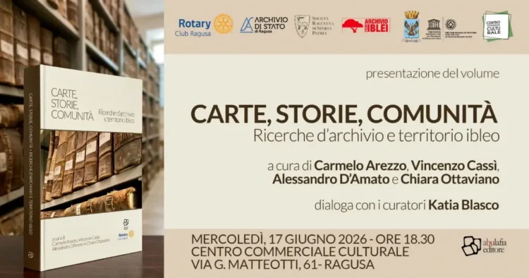Copertina del volume Carte, Storie, Comunità con la locandina della presentazione in programma a Ragusa.