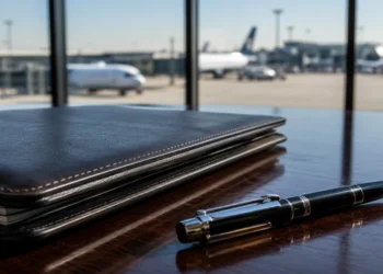 Immagine illustrativa generata artificialmente che mostra un dossier d'affari in un ufficio moderno con uno sfondo sfocato di piste e aerei aeroportuali, che rappresenta la privatizzazione degli scali.