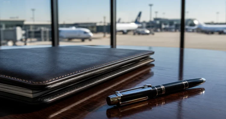 Immagine illustrativa generata artificialmente che mostra un dossier d'affari in un ufficio moderno con uno sfondo sfocato di piste e aerei aeroportuali, che rappresenta la privatizzazione degli scali.