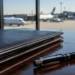 Immagine illustrativa generata artificialmente che mostra un dossier d'affari in un ufficio moderno con uno sfondo sfocato di piste e aerei aeroportuali, che rappresenta la privatizzazione degli scali.