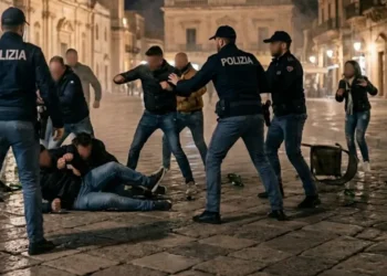 Immagine generata con IA che rappresenta un intervento delle forze dell’ordine in una piazza urbana durante la notte a Comiso