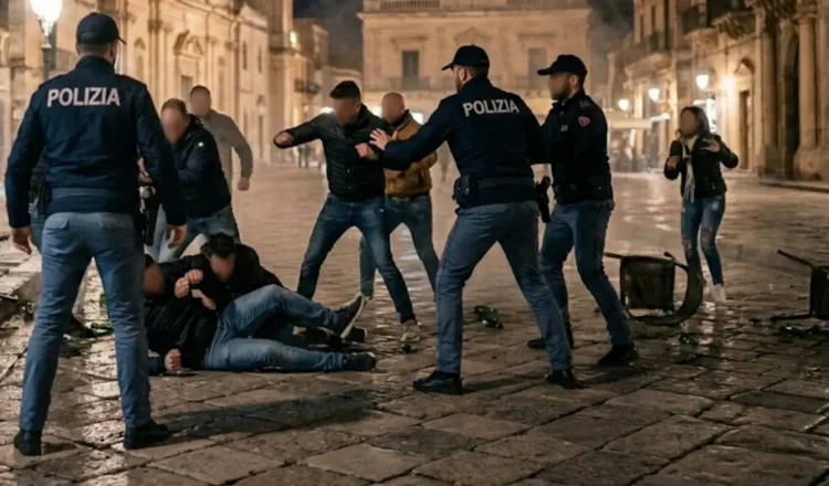 Immagine generata con IA che rappresenta un intervento delle forze dell’ordine in una piazza urbana durante la notte a Comiso