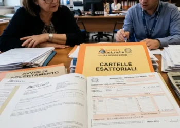 Documenti fiscali e cartelle esattoriali con calcolatrice su tavolo