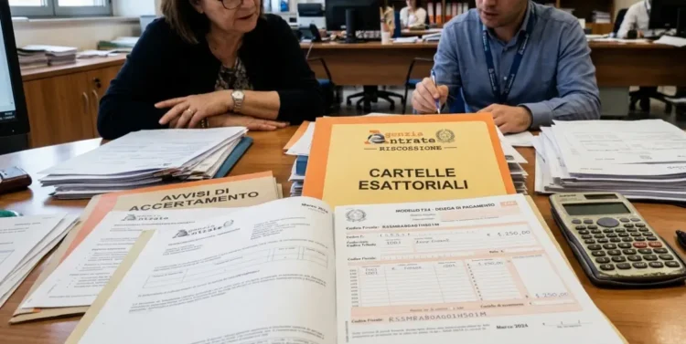 Documenti fiscali e cartelle esattoriali con calcolatrice su tavolo