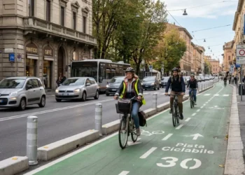 Ciclisti lungo una strada con infrastrutture dedicate alla mobilità sicura e traffico veicolare ordinario.