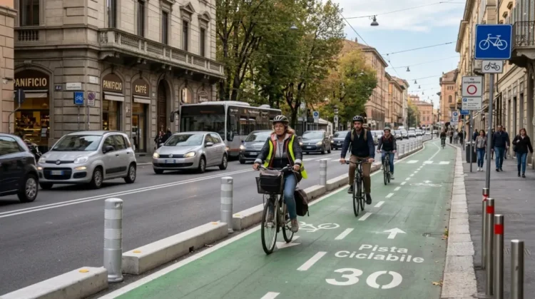 Ciclisti lungo una strada con infrastrutture dedicate alla mobilità sicura e traffico veicolare ordinario.