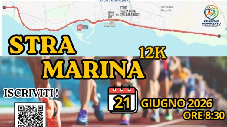 Locandina della Stramarina 12K con percorso sul lungomare di Marina di Ragusa e data della manifestazione