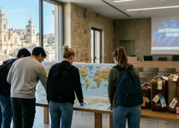 Immagine generata con IA che rappresenta studenti in partenza per programmi Intercultura durante una cerimonia a Modica