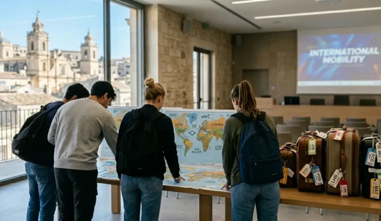 Immagine generata con IA che rappresenta studenti in partenza per programmi Intercultura durante una cerimonia a Modica
