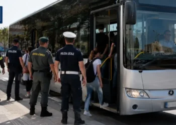 Autobus extraurbano con personale delle forze dell'ordine e passeggeri presso una fermata in Sicilia