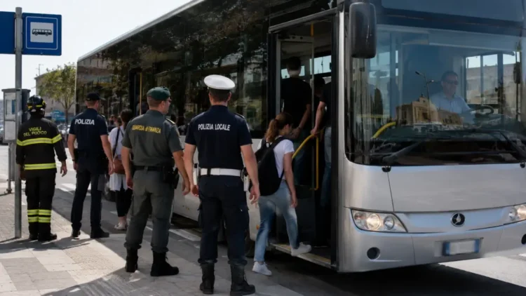 Autobus extraurbano con personale delle forze dell'ordine e passeggeri presso una fermata in Sicilia