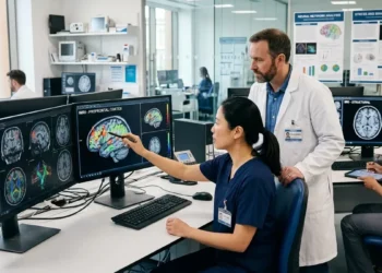 ricercatore analizza traumi infantili cervello con immagini neurologiche