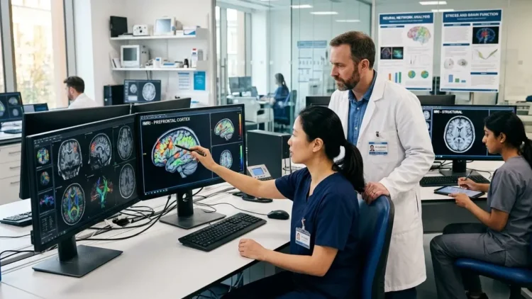 ricercatore analizza traumi infantili cervello con immagini neurologiche