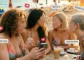 Quattro giovani donne al mare consultano uno smartphone durante una pausa in spiaggia, con elementi grafici che richiamano i social media