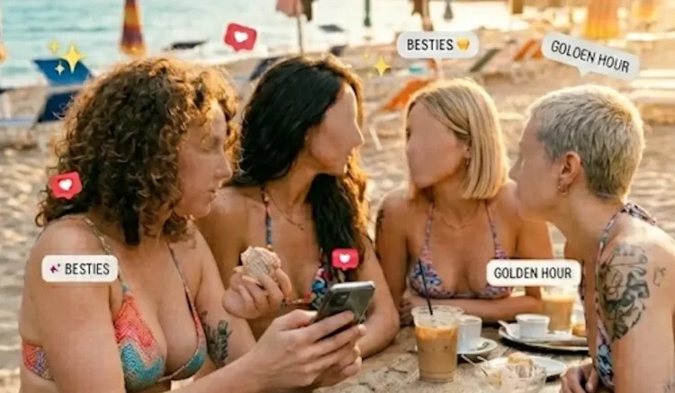 Quattro giovani donne al mare consultano uno smartphone durante una pausa in spiaggia, con elementi grafici che richiamano i social media