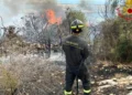 Vigile del fuoco impegnato nelle operazioni di spegnimento del vasto incendio sviluppatosi in contrada Pozzillo a Ragusa