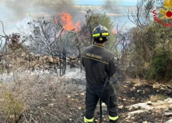 Vigile del fuoco impegnato nelle operazioni di spegnimento del vasto incendio sviluppatosi in contrada Pozzillo a Ragusa