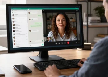 Interfaccia di WhatsApp Web su computer con videochiamata attiva e smartphone appoggiato sulla scrivania.