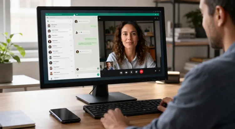 Interfaccia di WhatsApp Web su computer con videochiamata attiva e smartphone appoggiato sulla scrivania.