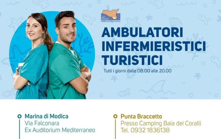 Locandina dell'ASP di Ragusa che informa sull'attivazione degli ambulatori infermieristici turistici nelle località costiere.