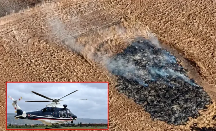 Cumulo di scarti vegetali in fiamme individuato dai Carabinieri durante un controllo aereo in contrada Finocchiara, nel territorio di Santa Croce Camerina.