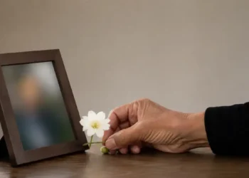 Una mano depone un fiore bianco accanto a una fotografia sfocata su uno sfondo neutro, simbolo delle donazioni in memoria e della solidarietà verso chi vive emergenze umanitarie