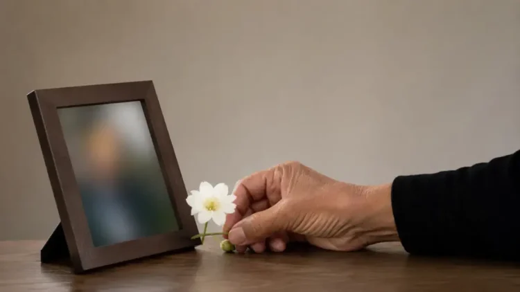 Una mano depone un fiore bianco accanto a una fotografia sfocata su uno sfondo neutro, simbolo delle donazioni in memoria e della solidarietà verso chi vive emergenze umanitarie