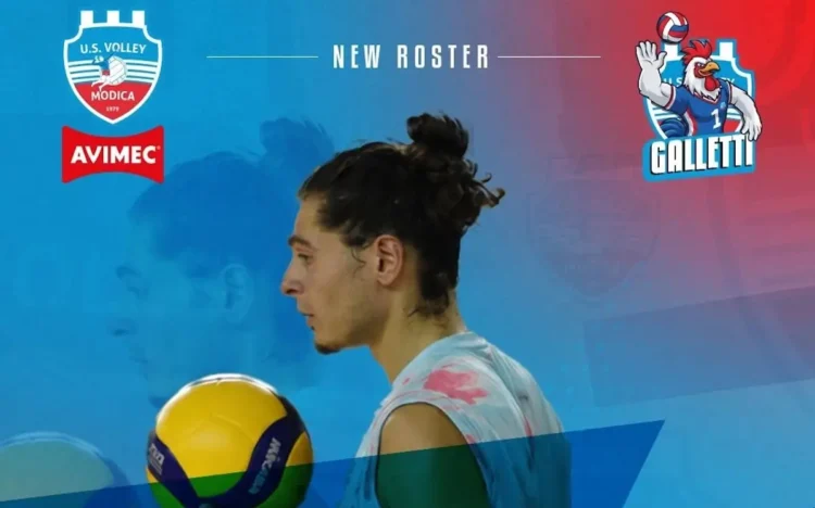 Lorenzo Caciagli con un pallone da volley nella grafica ufficiale dell'Avimec Modica che annuncia il suo arrivo come nuovo centrale.