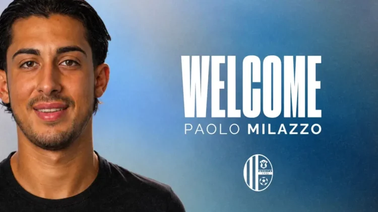 Grafica ufficiale del Modica Calcio che annuncia l'arrivo del difensore Paolo Milazzo con la scritta "Welcome Paolo Milazzo" e il logo del club