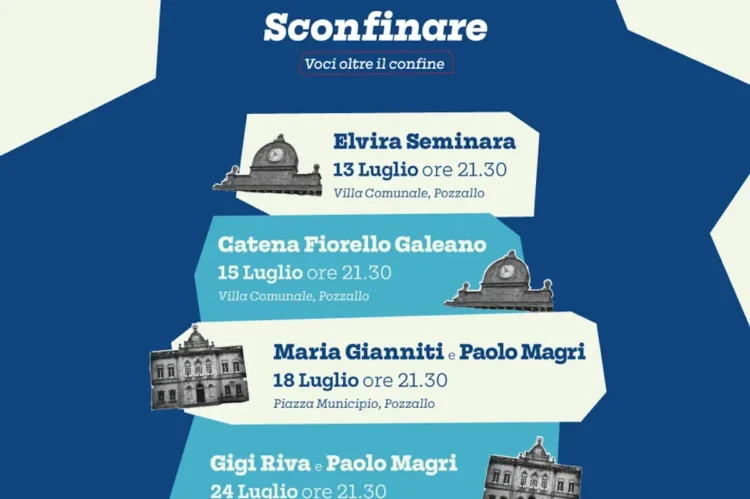 Locandina della seconda edizione di "Sconfinare – Voci oltre il confine", rassegna letteraria di Pozzallo con il calendario degli incontri in programma dal 13 luglio al 5 agosto tra Villa Comunale e Piazza Municipio