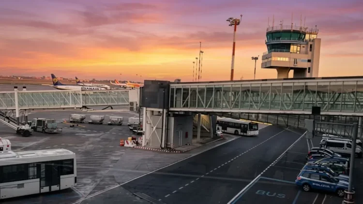 Veduta dell'aeroporto di Catania Fontanarossa con il terminal e le aree di imbarco durante le limitazioni ai voli causate dall'Etna