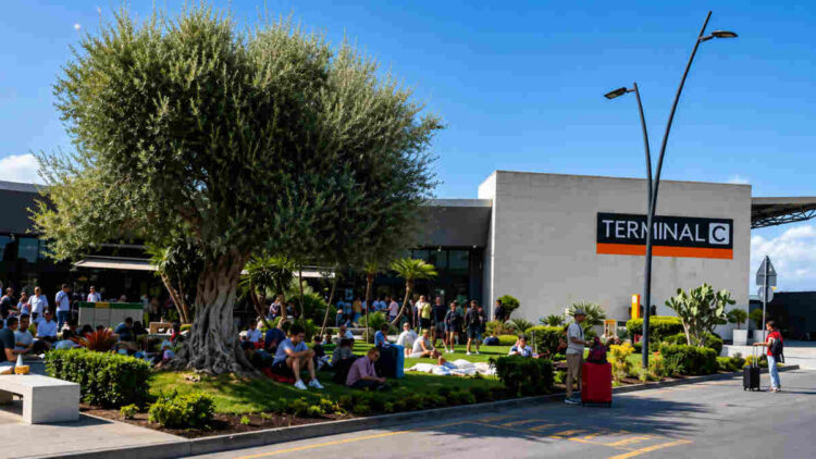 Passeggeri in attesa all'esterno del Terminal C dell'aeroporto di Catania dopo la chiusura dello scalo per l'attività dell'Etna.