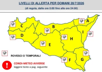 Mappa della Sicilia con allerta gialla per temporali del 28 luglio 2026, suddivisa in zone A-I dalla Protezione Civile.