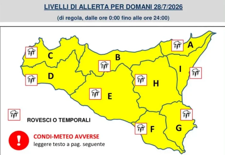 Mappa della Sicilia con allerta gialla per temporali del 28 luglio 2026, suddivisa in zone A-I dalla Protezione Civile.