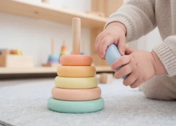 Bambino piccolo che gioca con una piramide di anelli colorati in legno sul pavimento di un asilo nido