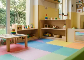 Aula di un asilo nido con tappeti colorati, giochi educativi e arredi per la prima infanzia
