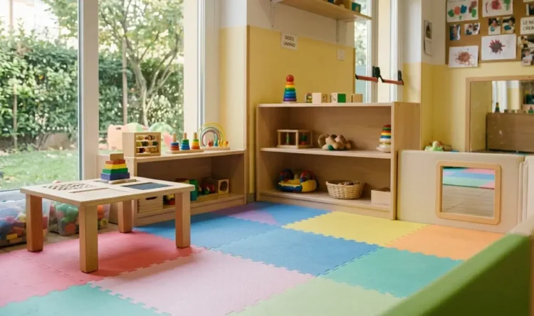 Aula di un asilo nido con tappeti colorati, giochi educativi e arredi per la prima infanzia