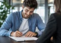 Giovane lavoratore firma un contratto di assunzione seduto alla scrivania di un ufficio moderno, durante un incontro con un responsabile delle risorse umane